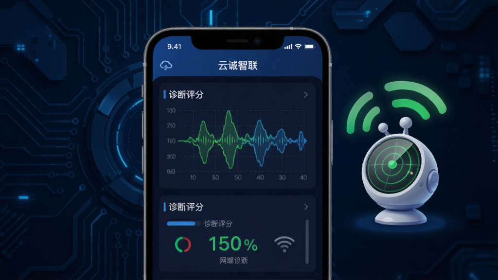 画面展示“云诚智联”APP网络诊断界面,手机屏幕出现信号波形图与诊断评分,旁边有一个卡通风格的小雷达图标发出绿色信号波,背景为深蓝色科技纹理,布局居中对称,风格现代简洁,细节丰富,画质高清,无多余元素