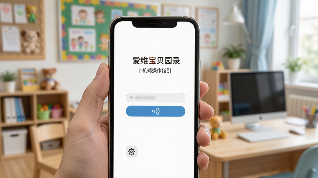 爱维宝贝园长手机端操作指引,画面展示一只手拿着手机,屏幕显示爱维宝贝园长登录界面,旁边有设置图标和网络信号图标,背景为幼儿园办公室,风格写实清晰,画质干净