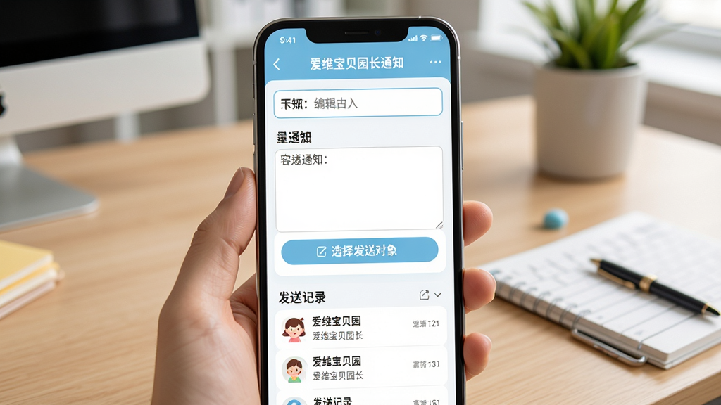 爱维宝贝园长通知发布页面,手机屏幕显示编辑通知内容的界面,包含标题输入框、正文区域、选择发送对象按钮,下方有发送记录列表,界面简洁友好,配色清新,背景为办公室桌面,画质清晰