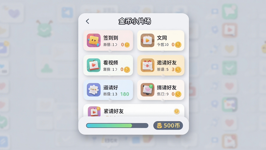 画面主体为一块悬浮的虚拟任务面板,面板上排列着签到、看视频、邀请好友等任务卡片,每张卡片旁标注金币数值,面板下方有进度条和累计金币显示,布局为纵向列表,风格为清爽的扁平UI设计,细节包括彩色任务图标、圆角卡片和柔和投影,画质高清,画面干净无多余元素,文字标注“金币小片场”