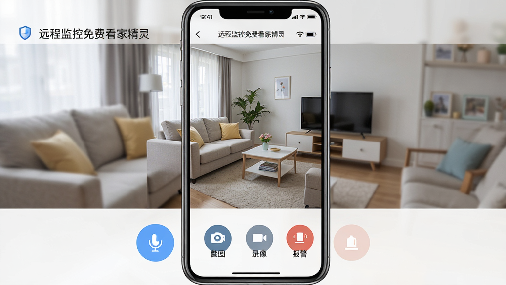一款名为“远程监控免费看家精灵”的手机应用主界面,画面中央展示家庭客厅实时监控画面,画面下方有对讲、截图、录像、报警四个圆形功能按钮,整体布局为竖屏手机界面,排版清晰,风格为现代简约科技风,细节包含状态栏时间、WiFi信号图标、电量图标,画质高清,干净,无多余元素