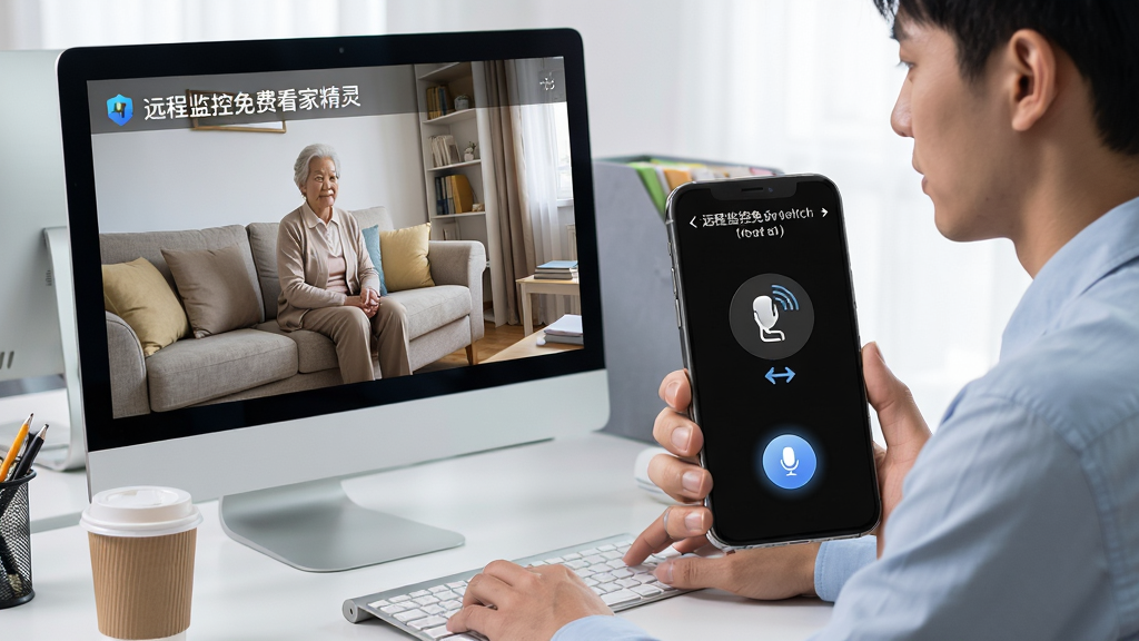 一位年轻上班族坐在办公室电脑前,手机屏幕显示“远程监控免费看家精灵”的实时监控画面,画面中是一位老人坐在客厅沙发上,手机旁边有语音对讲按钮高亮显示,布局为人物与手机特写结合,风格为现代办公写实风,细节包含办公桌、咖啡杯、手机支架、屏幕中的双向语音图标,画质高清,干净,无多余元素