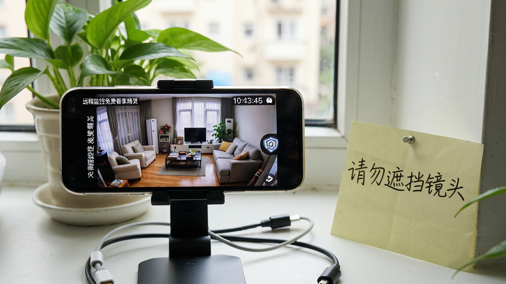 一部手机固定在窗台支架上运行“远程监控免费看家精灵”,屏幕显示客厅监控画面,旁边有一张手写便签写着“请勿遮挡镜头”,布局为近景特写,风格为居家写实风,细节包含窗台绿植、充电线、手机支架、屏幕中的监控时间,画质高清,干净,无多余元素