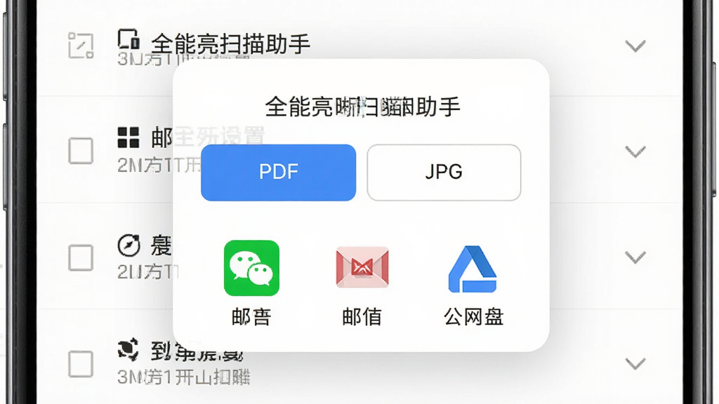 手机界面显示全能亮晰扫描助手的导出设置弹窗,弹窗中有PDF和JPG两个格式选项,下方排列着微信、邮箱、网盘等分享图标,背景为白色文档列表,整体风格干净利落,排版清晰,细节到位,画质高清,无多余元素