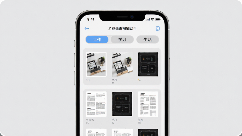 手机屏幕展示全能亮晰扫描助手的文档管理页面,页面中有工作、学习、生活三个文件夹标签,每个文件夹内排列着多份扫描文档缩略图,背景为浅灰色,界面布局规整,风格素雅,细节清晰,画质高清,干净无多余元素