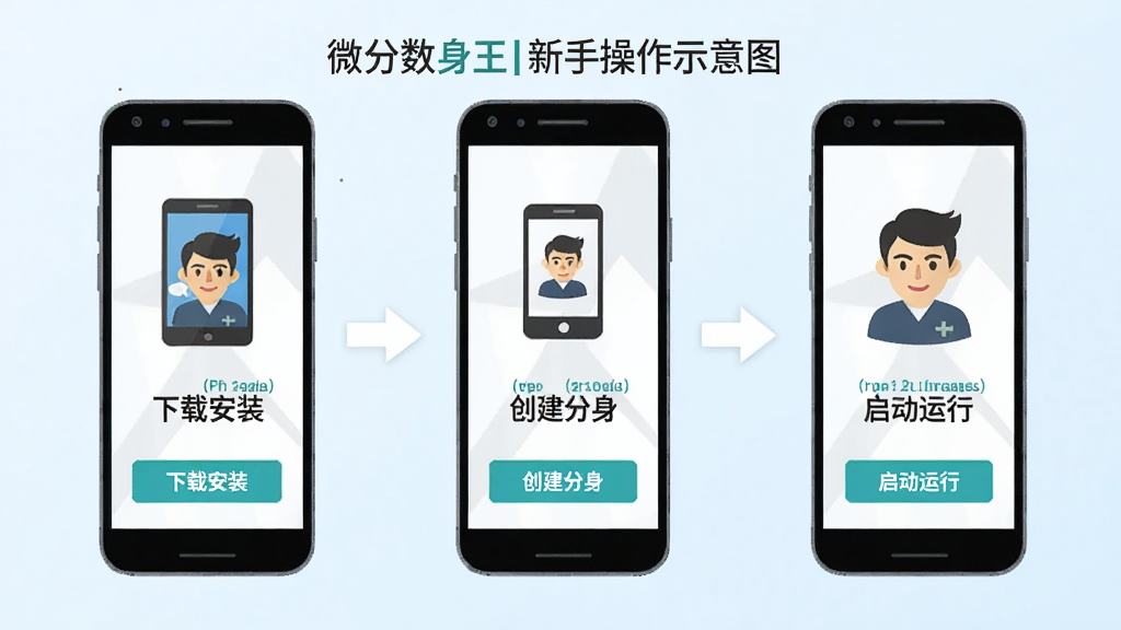 微分身王新手操作示意图,画面展示手机屏幕分步操作流程,从左到右依次为下载安装、创建分身、启动运行三个步骤,每个步骤配有简洁图标与文字标注,风格为扁平化教学风,细节包含箭头指引与高亮按钮,画质清晰,干净整洁