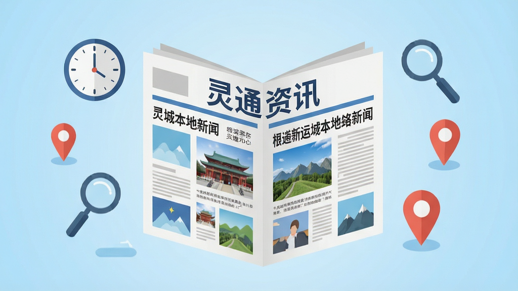 画面主体是一张展开的电子报纸,报纸上显示“灵通资讯”报头,版面内排版着运城本地新闻标题和图片。报纸周围漂浮着时钟、放大镜、定位图标等元素,背景为浅蓝色渐变,风格为现代扁平化插画,细节丰富,画质高清,干净整洁,无多余元素。