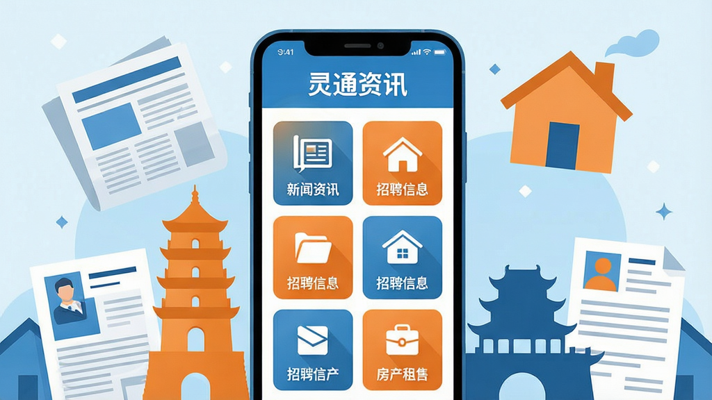 画面中央是一部智能手机,手机屏幕上清晰展示着“灵通资讯”应用的主界面,界面中包含新闻资讯、招聘信息、房产租售等多个功能模块图标。手机周围环绕着运城当地标志性建筑剪影和报纸、房屋、简历等元素,整体采用扁平化插画风格,色调以蓝色和橙色为主,布局简洁明快,画质清晰干净,无多余元素。