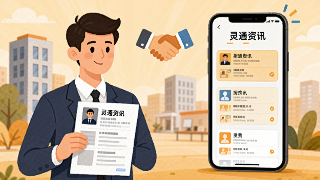 画面左侧是一位手持简历的求职者,右侧是显示“灵通资讯”招聘板块的手机界面,界面上列出多个职位卡片。背景中有办公楼、握手图标等元素,整体采用温暖明亮的插画风格,构图均衡,画质清晰,无多余元素。