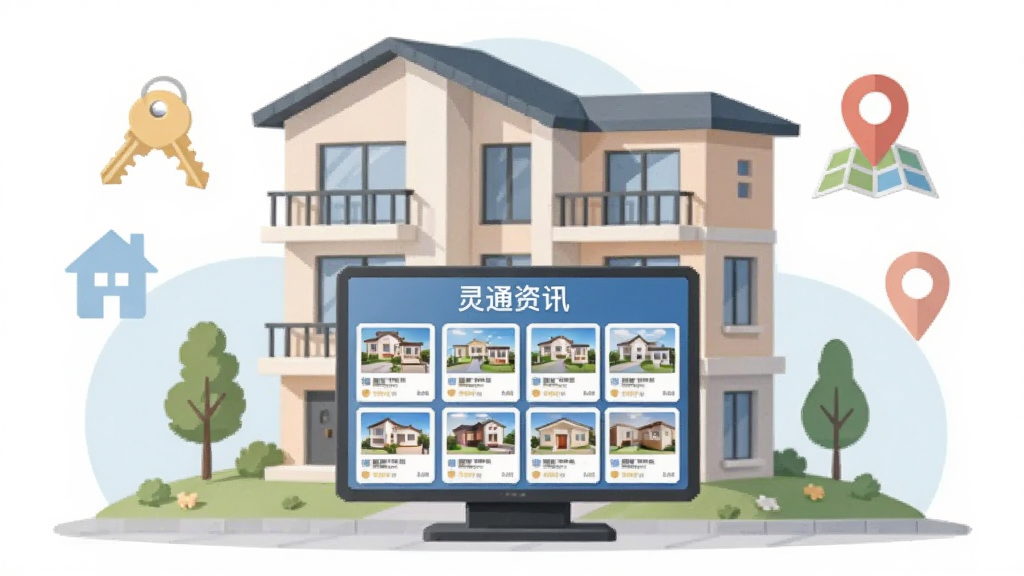 画面中央是一栋现代住宅楼模型,楼前有一块显示“灵通资讯”房产信息的电子屏幕,屏幕上展示着多套房源卡片。周围点缀着钥匙、房屋、地图定位等图标,风格为清新简约的矢量插画,色彩柔和,画质干净,无多余元素。