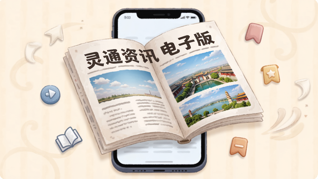 画面中一本翻开的电子杂志或报纸悬浮在手机屏幕上方,报纸页面上印有“灵通资讯电子版”字样和运城风景图片。手机周围有翻页箭头、书签等小图标,背景为淡雅米色,插画风格细腻柔和,画质高清,无多余元素。
