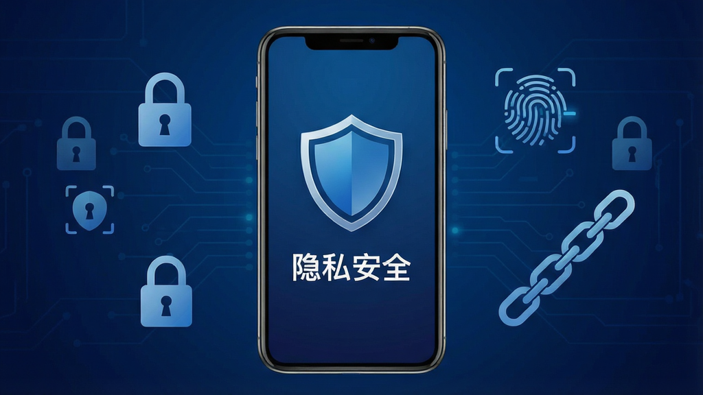 一张展示恩泽数智隐私安全功能的示意图,手机屏幕中显示盾牌图标和“隐私安全”文字,周围有锁、指纹识别、加密锁链等抽象符号,背景为深蓝色科技感渐变,风格稳重专业,布局对称,画质干净,无多余元素