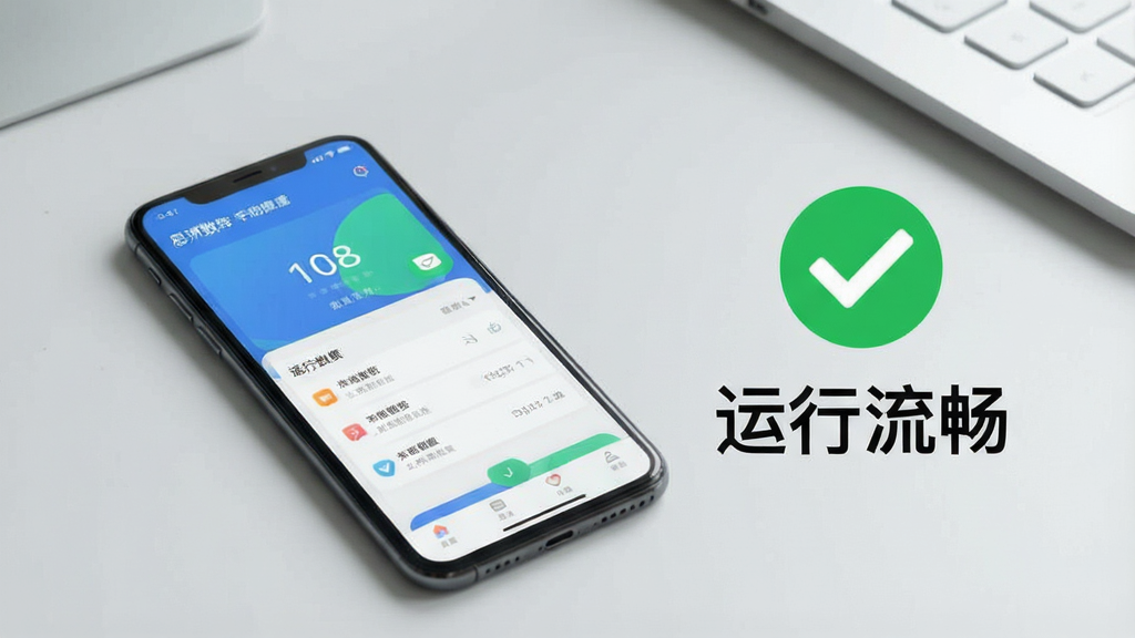 一张展示恩泽数智在手机上稳定运行的场景图,手机屏幕显示应用界面,旁边有绿色对勾和“运行流畅”文字,背景为浅灰色桌面,风格简洁,布局清晰,画质干净,无多余元素