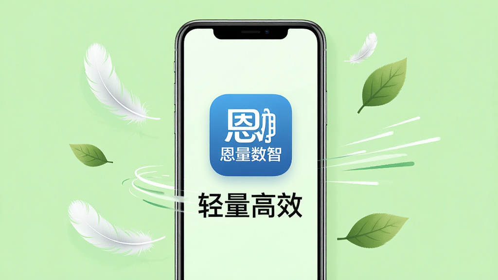 一张表现恩泽数智轻量运行概念的图片,画面中央是一部手机,屏幕显示恩泽数智应用图标和“轻量高效”字样,手机周围有羽毛、树叶和速度线等象征轻快的元素,背景为清新的浅绿色,风格简洁明快,布局居中,画质干净,无多余元素