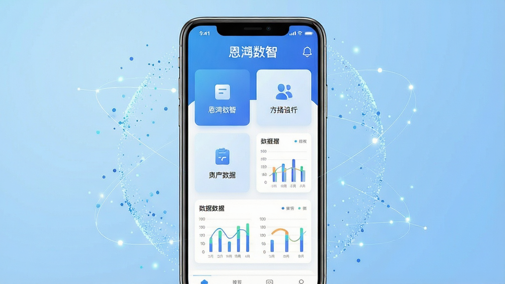 一张展示恩泽数智手机应用主界面的场景图,画面中央是一部竖屏智能手机,屏幕上显示恩泽数智APP的首页,界面简洁,顶部有“恩泽数智”文字标识,中部排列着功能卡片与数据图表,背景为浅蓝色渐变,周围环绕着抽象的数字化粒子与连接线,整体风格现代科技感,布局居中对称,细节清晰,画质干净,无多余元素