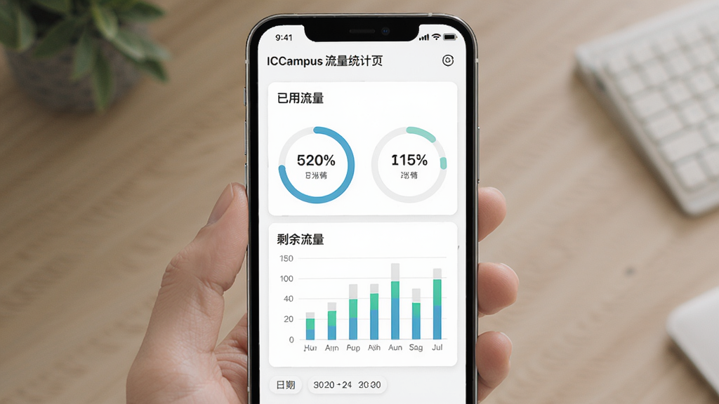 主体为ICampus流量统计页面,展示已用流量、剩余流量与统计图表;布局为手机屏幕居中,图表与数字结合;排版清晰展示流量使用进度;风格为简约清新;细节包括环形进度条、流量数值、日期筛选标签;画质高清,画面整洁,无多余元素。