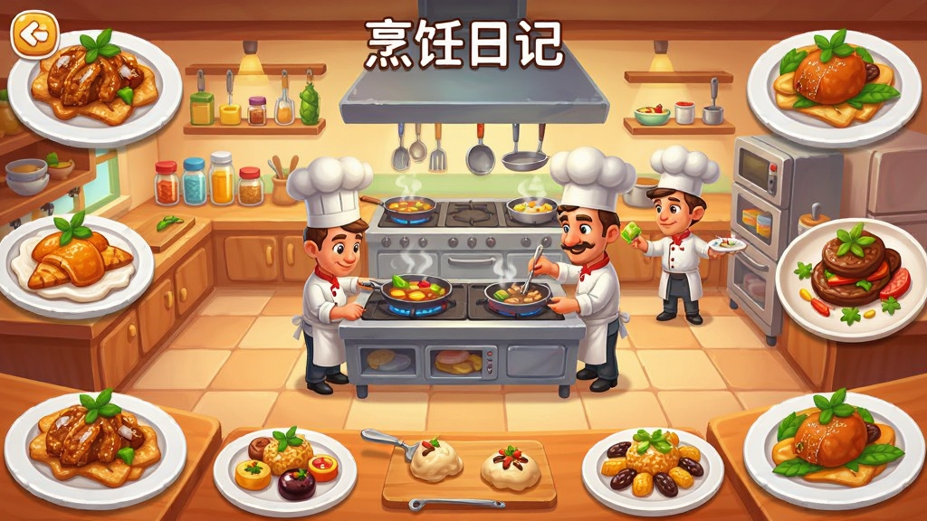 烹饪日记游戏主界面全景展示,画面中央是热闹的餐厅厨房场景,多位卡通厨师正在忙碌烹饪,四周摆放着各国美食料理,色彩明亮温暖,欧美卡通风格,布局层次分明,细节丰富,高清画质,干净整洁,无多余元素