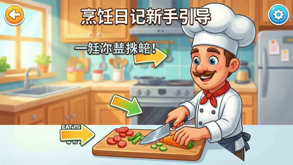 烹饪日记新手引导界面截图,画面中卡通厨师正在手把手教玩家切菜操作,屏幕上有指示箭头和文字提示,背景为明亮厨房,欧美卡通风格,布局清晰,细节丰富,高清画质,干净画面,无多余元素