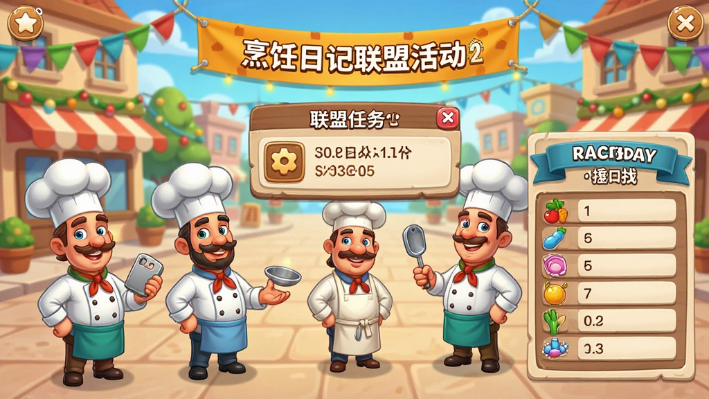 烹饪日记联盟活动界面,画面中多位卡通厨师角色聚集在餐厅广场,背景有节日装饰和活动横幅,界面显示联盟任务和排行榜,欧美卡通风格,色彩热闹,细节丰富,高清画质,干净整洁,无多余元素