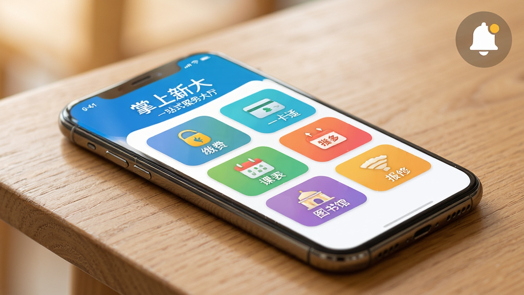 一部手机平放在木质桌面上,屏幕显示