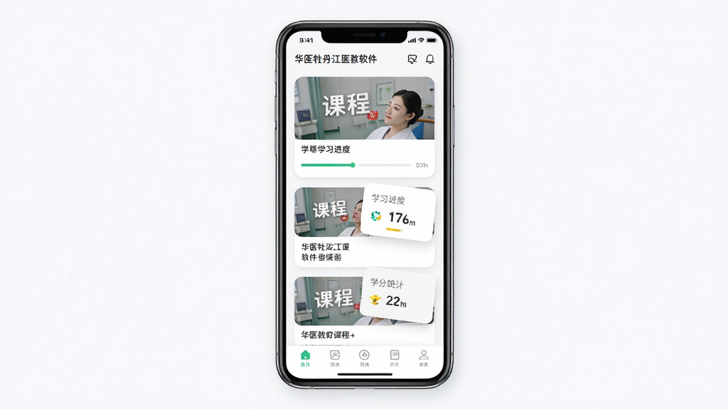 华医牡丹江医教软件主界面全貌展示,主体为一部智能手机屏幕,屏幕上显示医学教育课程列表界面,包含课程缩略图、学习进度条、学分统计模块,布局清晰整洁,排版采用上下结构,风格为现代简约医疗教育风,细节包括顶部状态栏、底部导航栏、课程卡片圆角设计,画质高清,干净,无多余元素