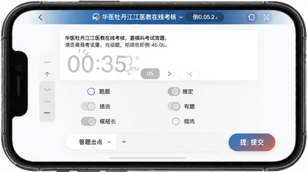 华医牡丹江医教在线考核界面,主体为手机屏幕显示模拟考试答题页面,布局为上方题目区、下方选项区与答题卡,排版规范,风格为严肃考试风,细节包括倒计时器、题号导航、选项按钮、提交按钮,画质高清,干净,无多余元素