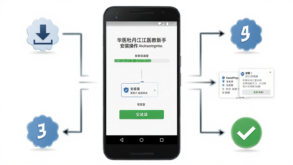 华医牡丹江医教新手安装操作示意图,主体为一部安卓手机与安装进度界面,布局为手机居中、周围环绕步骤编号图标,排版为流程图样式,风格为简洁教程风,细节包括下载箭头、安装按钮、权限弹窗、完成打勾图标,画质高清,干净,无多余元素