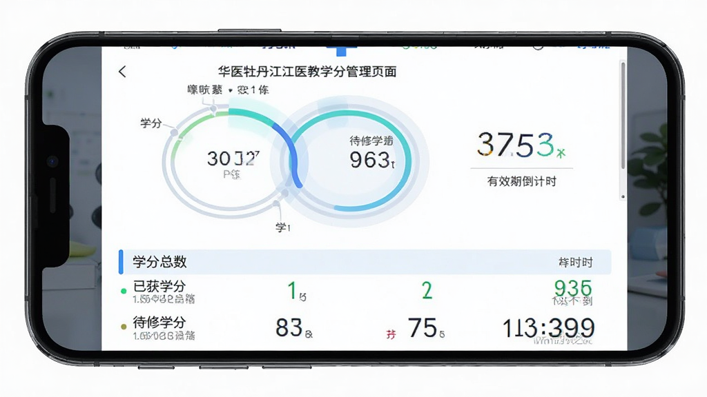 华医牡丹江医教学分管理页面,主体为手机屏幕展示学分统计图表与学分明细列表,布局为上方环形进度图、下方列表形式,排版清晰有序,风格为数据可视化医疗风,细节包括学分总数、已获学分、待修学分、有效期倒计时,画质高清,干净,无多余元素