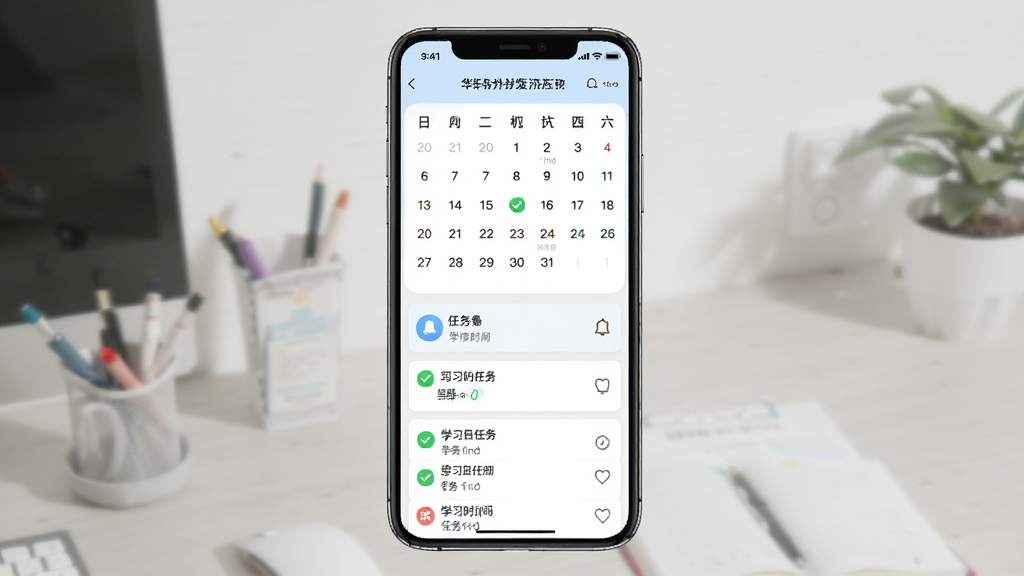 华医牡丹江医教个性化学习计划页面,主体为手机屏幕展示学习日历与任务清单,布局为上方日历视图、下方任务卡片列表,排版整齐,风格为清新学习风,细节包括每日任务勾选、学习时长统计、提醒铃铛图标,画质高清,干净,无多余元素