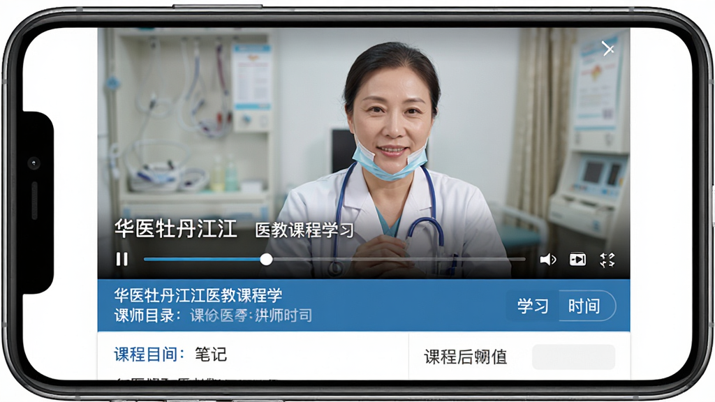 华医牡丹江医教课程学习界面,主体为手机屏幕显示医学课程视频播放页面,布局为上方视频播放区、下方课程目录与笔记区,排版上下分层,风格为专业医学教育风,细节包括播放进度条、课程标题、讲师信息、学习时长标注,画质高清,干净,无多余元素
