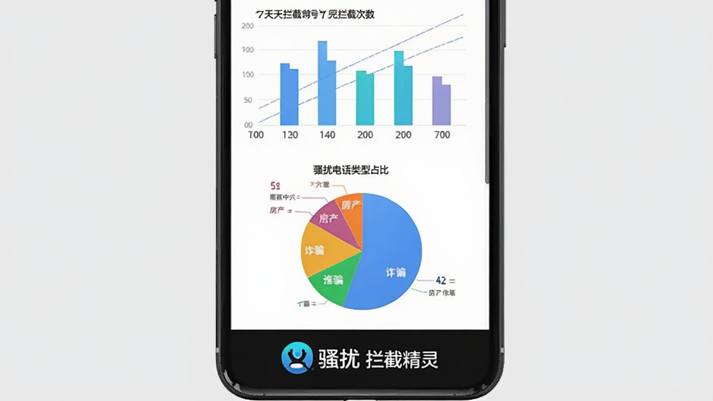手机屏幕显示骚扰电话拦截精灵的拦截统计页面,页面上方是柱状图展示近七天的拦截次数,下方是饼状图展示骚扰电话类型占比,包括推销、诈骗、房产中介等不同颜色的扇形区域,页面底部有骚扰电话拦截精灵的logo,背景为浅灰色,风格商务简约,画质清晰,干净无多余元素
