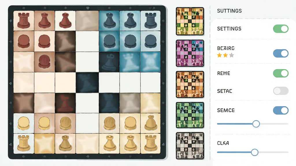 一幅横版数字插画,画面主体是聚吧跳棋的棋盘自定义界面,布局为左侧棋盘预览、右侧设置选项列表,排版左右分栏,风格为清新明快的扁平化设计,细节上棋盘有多种颜色主题缩略图、设置项带有开关和滑块控件,画质高清干净无多余元素