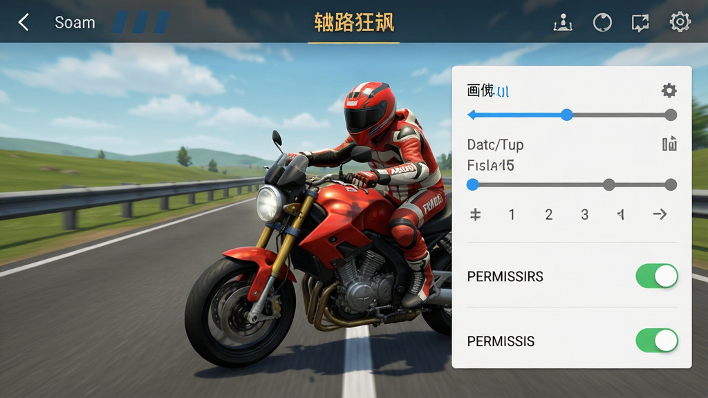 公路摩托狂飙手机设置界面截图,显示画质调节选项和权限开关,背景为游戏主菜单,风格简洁清晰,细节丰富,画质干净,无多余元素