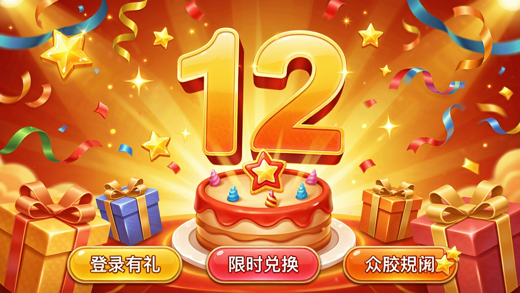 全民飞机大战周年庆活动界面,画面背景为喜庆的金色与红色调,中央悬浮着巨大的数字12与蛋糕造型装饰,四周环绕着礼盒、彩带与闪烁的星星,活动按钮上写着登录有礼、限时兑换等字样,风格欢快热闹,画质明亮,干净整洁