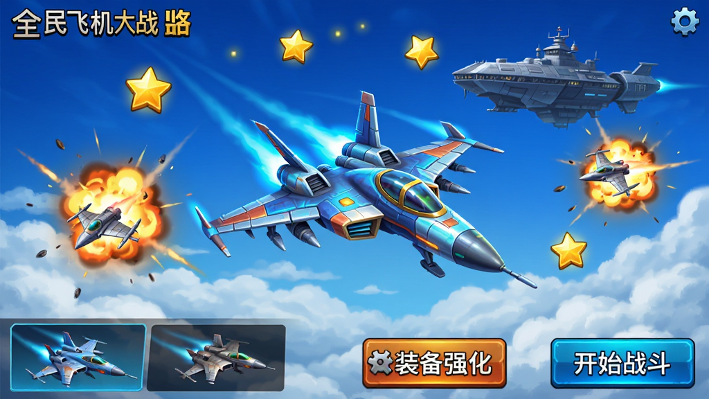 全民飞机大战游戏主界面截图,画面中央展示一架造型炫酷的未来战机在云层上方飞行,四周散落金色星星与击毁敌机的爆炸特效,背景是湛蓝天空与远处悬浮的太空母舰,屏幕下方排列着战机选择、装备强化、开始战斗等操作按钮,整体风格明亮鲜艳,画质高清,干净无多余元素