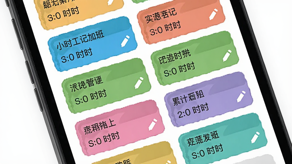 小时工记加班 工作标签管理界面,画面主体为手机屏幕显示多个彩色标签卡片,每个卡片上写着不同的工作名称和累计工时,布局为网格状排列,风格为清新浅色,细节包含标签颜色区分、累计时长数字、编辑图标,画质清晰,干净,无多余元素