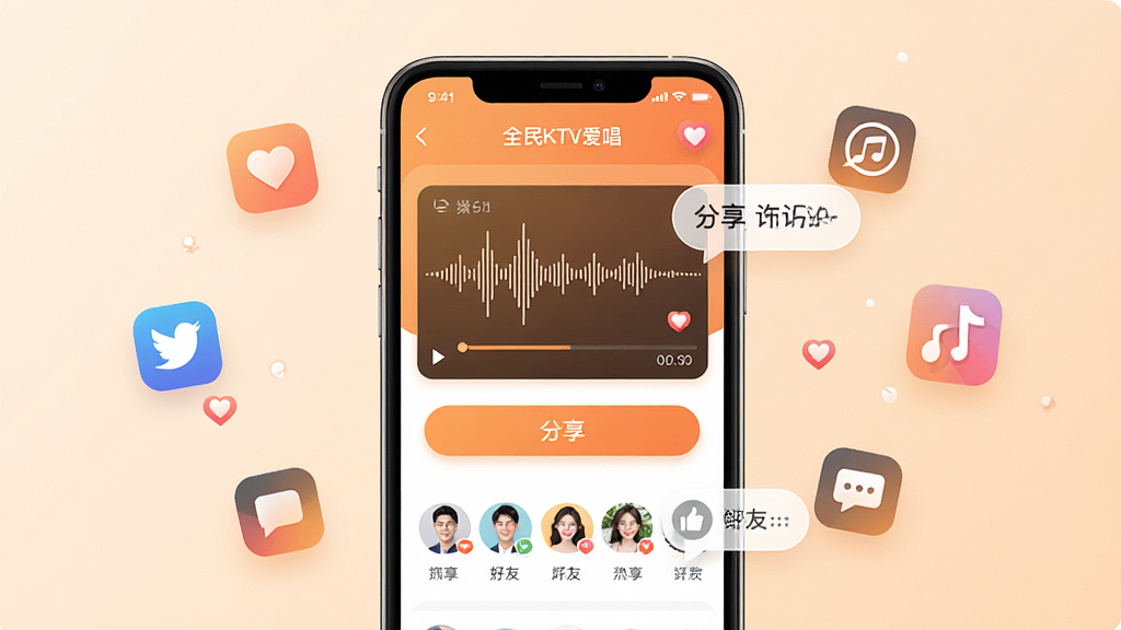 一张社交分享功能展示图,画面主体是一部手机,屏幕显示