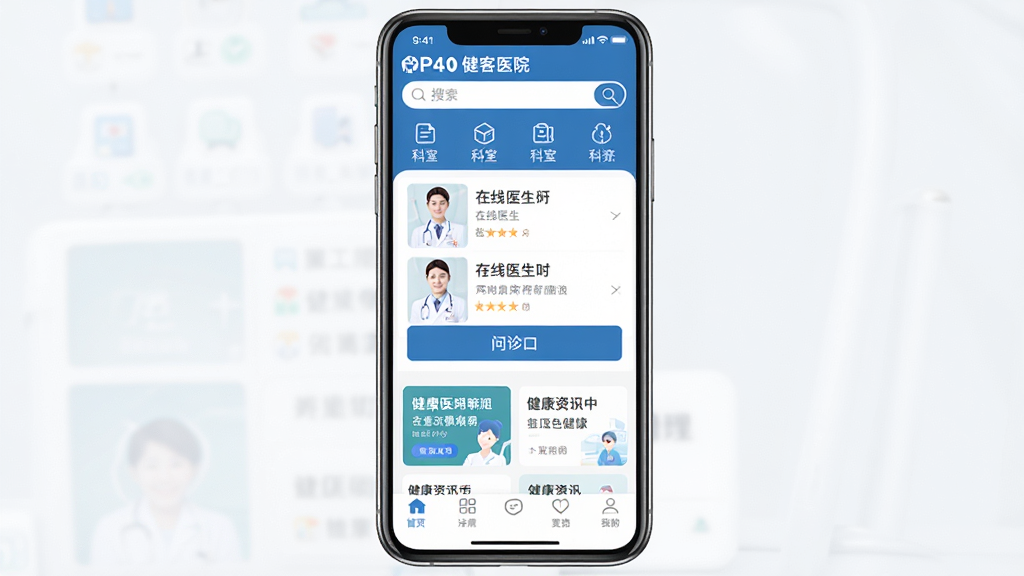 手机屏幕中央显示“健客医院”APP首页界面,上方为搜索栏与科室导航图标,中部为在线医生列表与问诊入口按钮,下方为健康资讯卡片与底部导航栏,整体采用蓝白配色,风格简洁干净,医疗健康类APP UI设计,细节清晰,画质锐利,无多余元素