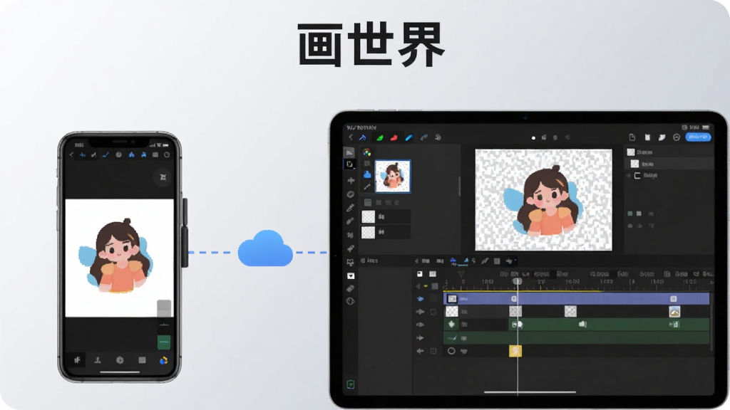 一张画世界软件在手机与平板上的双设备展示图,左侧手机屏幕显示绘画界面,右侧平板屏幕显示图层与动画时间轴,两台设备之间用虚线连接表示云端同步,背景为浅灰色渐变,风格简洁科技感,画质清晰,画面中带有“画世界”文字标识,无多余元素