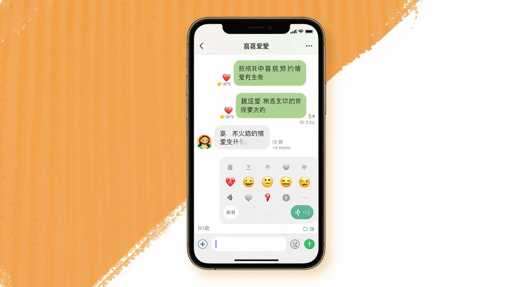 一张展示喜相爱聊天界面的手机截图风格图,画面中央一部手机竖屏显示聊天窗口,包含对话气泡、表情面板和输入框,背景为暖橙色与白色搭配,排版简洁明了,风格温馨友好,细节包括爱心表情、语音按钮和已读标记,画质高清,干净,无多余元素