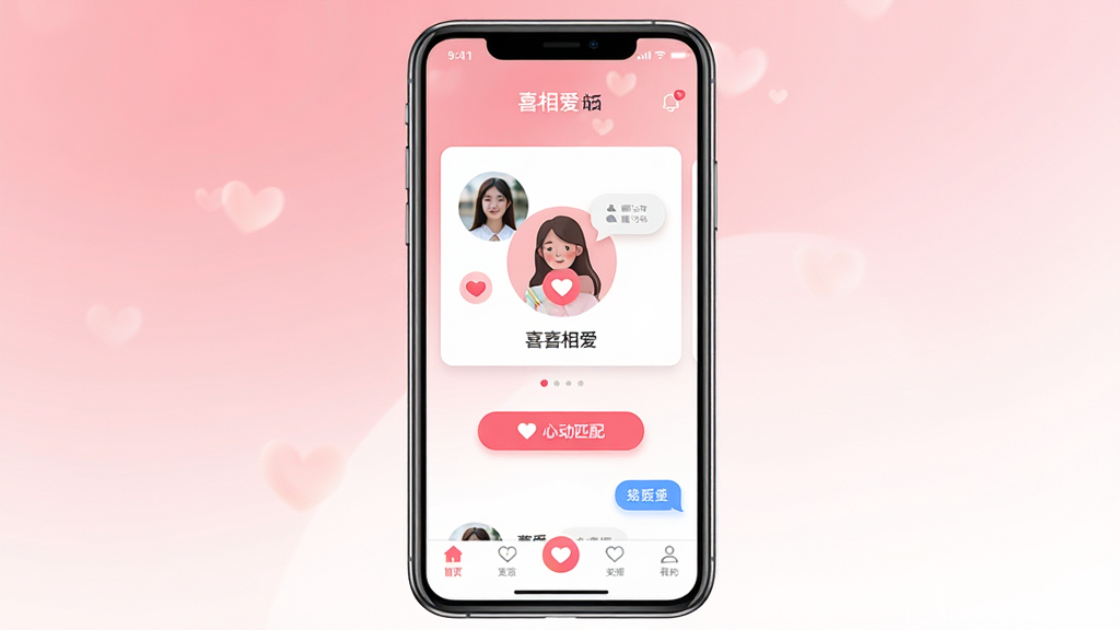 一张展示喜相爱软件核心界面的手机预览图,画面中央是一部竖屏智能手机,屏幕上显示喜相爱的婚恋交友首页,包含用户头像卡片、心动匹配按钮和底部导航栏,背景为柔和的粉色与白色渐变,整体风格温馨浪漫,排版简洁清晰,细节包括圆形头像、心形图标和聊天气泡,画质高清,干净,无多余元素