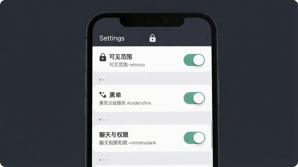 一张展示喜相爱隐私设置界面的示意图,画面中手机屏幕显示设置选项列表,包含可见范围、黑名单、聊天权限等开关按钮,背景为深灰色与白色搭配,排版采用分组列表式布局,风格沉稳可靠,细节包括锁形图标、开关控件和说明文字,画质高清,干净,无多余元素