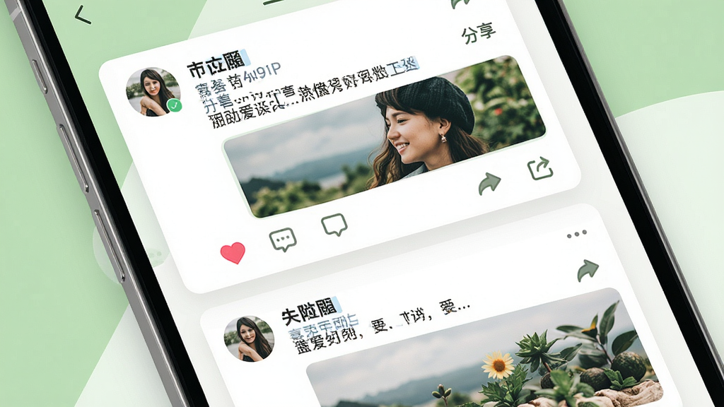 一张展示喜相爱动态社区页面的示意图,画面中手机屏幕显示信息流列表,每条动态包含用户头像、文字内容、配图和互动按钮,背景为浅绿色与白色搭配,排版采用卡片式纵向排列,风格清新自然,细节包括点赞心形、评论气泡和分享图标,画质高清,干净,无多余元素
