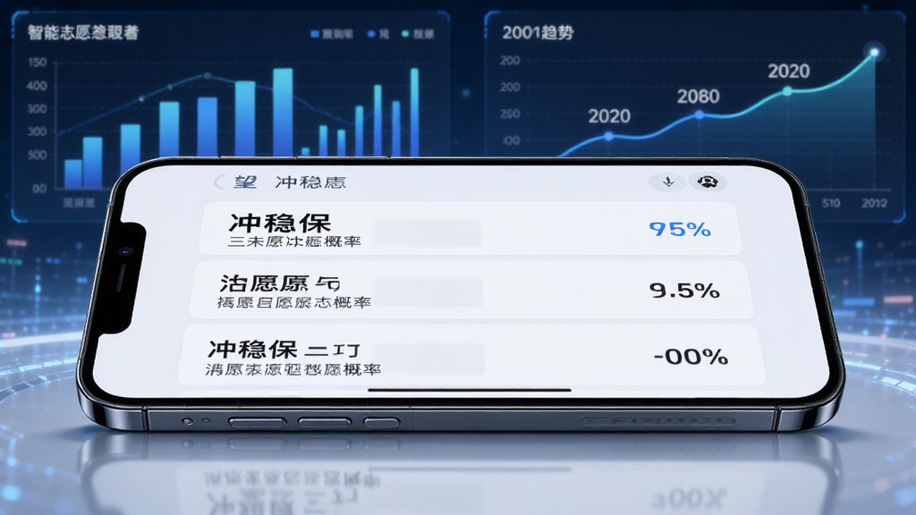 载望志愿智能院校匹配功能展示图,画面中一部手机横放,屏幕上显示冲稳保三档志愿推荐列表,每所院校旁标注录取概率百分比,背景有数据图表和年份趋势线,风格科技感十足,细节丰富,画质清晰,无多余元素