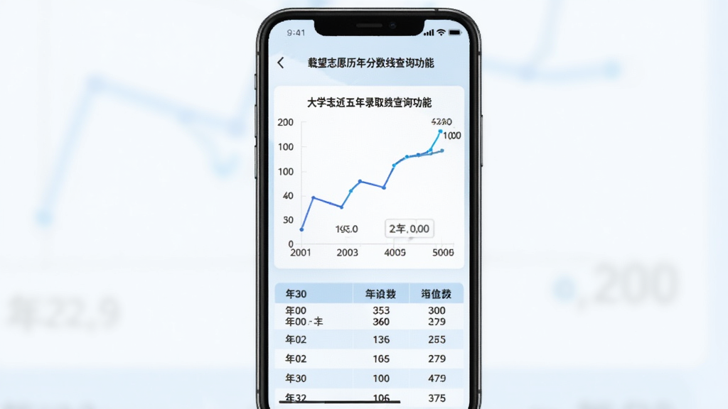 载望志愿历年分数线查询功能截图,手机屏幕显示某大学近五年录取分数线折线图,横轴为年份,纵轴为分数,下方有数据表格,背景为淡蓝色,风格清新简洁,画质清晰,无多余元素