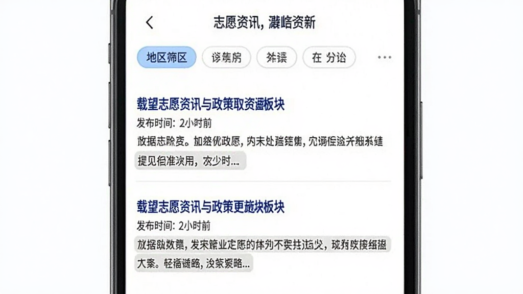 载望志愿资讯与政策更新板块界面图,手机屏幕显示资讯列表,每条资讯包含标题、发布时间和摘要,顶部有地区筛选标签,背景为白色,风格新闻资讯类,排版整洁,画质清晰,无多余元素