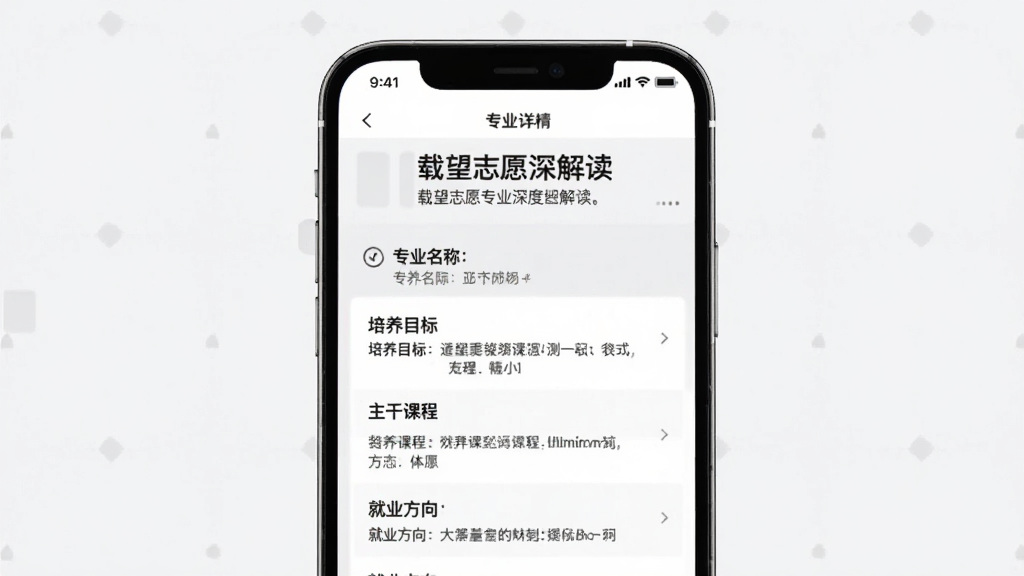 载望志愿专业深度解读界面预览图,手机屏幕显示专业详情页,包含专业名称、培养目标、主干课程、就业方向等文字信息,页面排版清晰,背景为白色与浅灰色搭配,风格简洁专业,画质干净,无多余元素