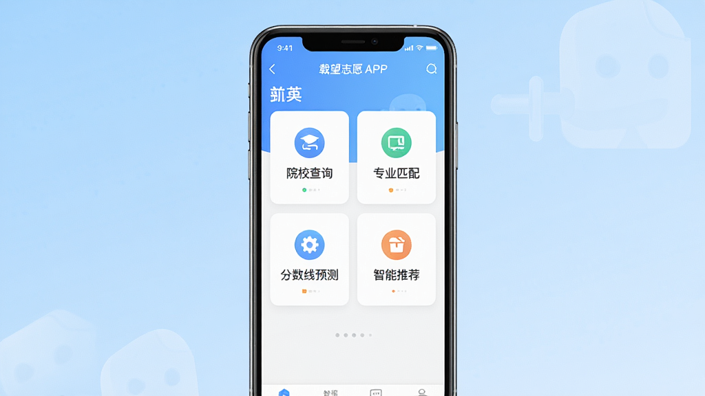一张展示载望志愿软件核心功能的手机应用界面预览图,画面中央是一部竖屏智能手机,手机屏幕上显示载望志愿APP首页,包含院校查询、专业匹配、分数线预测、智能推荐等功能模块图标,背景为浅蓝色渐变,风格简洁现代,细节清晰,画质干净,无多余元素