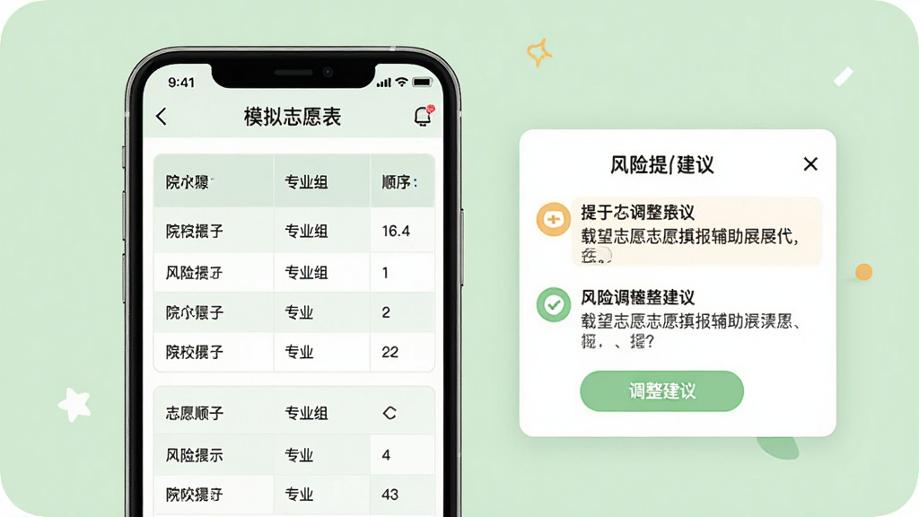 载望志愿志愿填报辅助功能展示图,画面中手机屏幕显示模拟志愿表,包含院校名称、专业组、志愿顺序等信息,右侧有风险提示与调整建议弹窗,背景为浅绿色,风格友好易读,细节清晰,画质干净,无多余元素