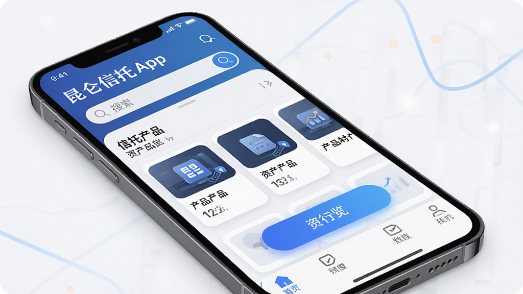 一张展示昆仑信托App移动端界面的预览图,主体为一部智能手机,屏幕中显示信托产品列表与资产总览卡片,布局采用上下结构,顶部为品牌标识与搜索栏,中部为产品卡片横向排列,底部为导航菜单,风格为现代金融科技风,细节包含圆角卡片、蓝色渐变按钮、简洁图标,画质高清,干净,无多余元素